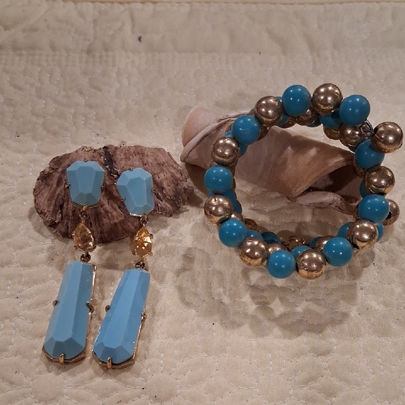 LOFT Jewelry - LOFT Blue and Gold Earrings & Wrap Around Bracelet